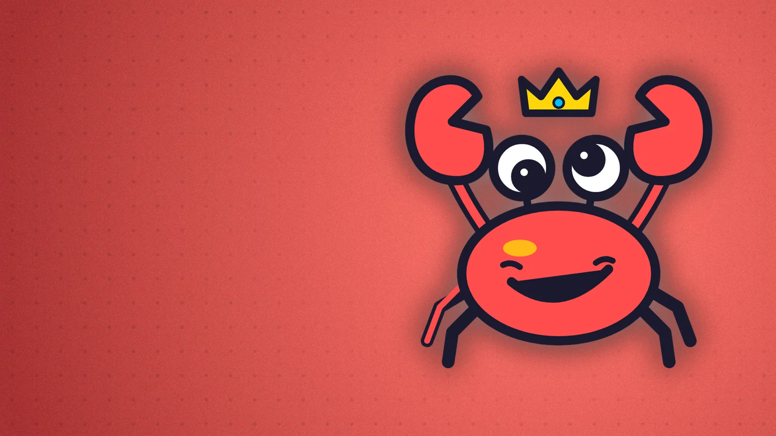 Cartoon red crab with big googly eyes, a smug grin and a small gold crown, raising both claws.
