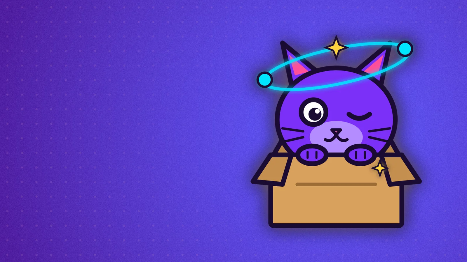 Purple cartoon kitten peeking from a cardboard box, one eye open and one closed, with a glowing cyan orbit and dots circling its head.