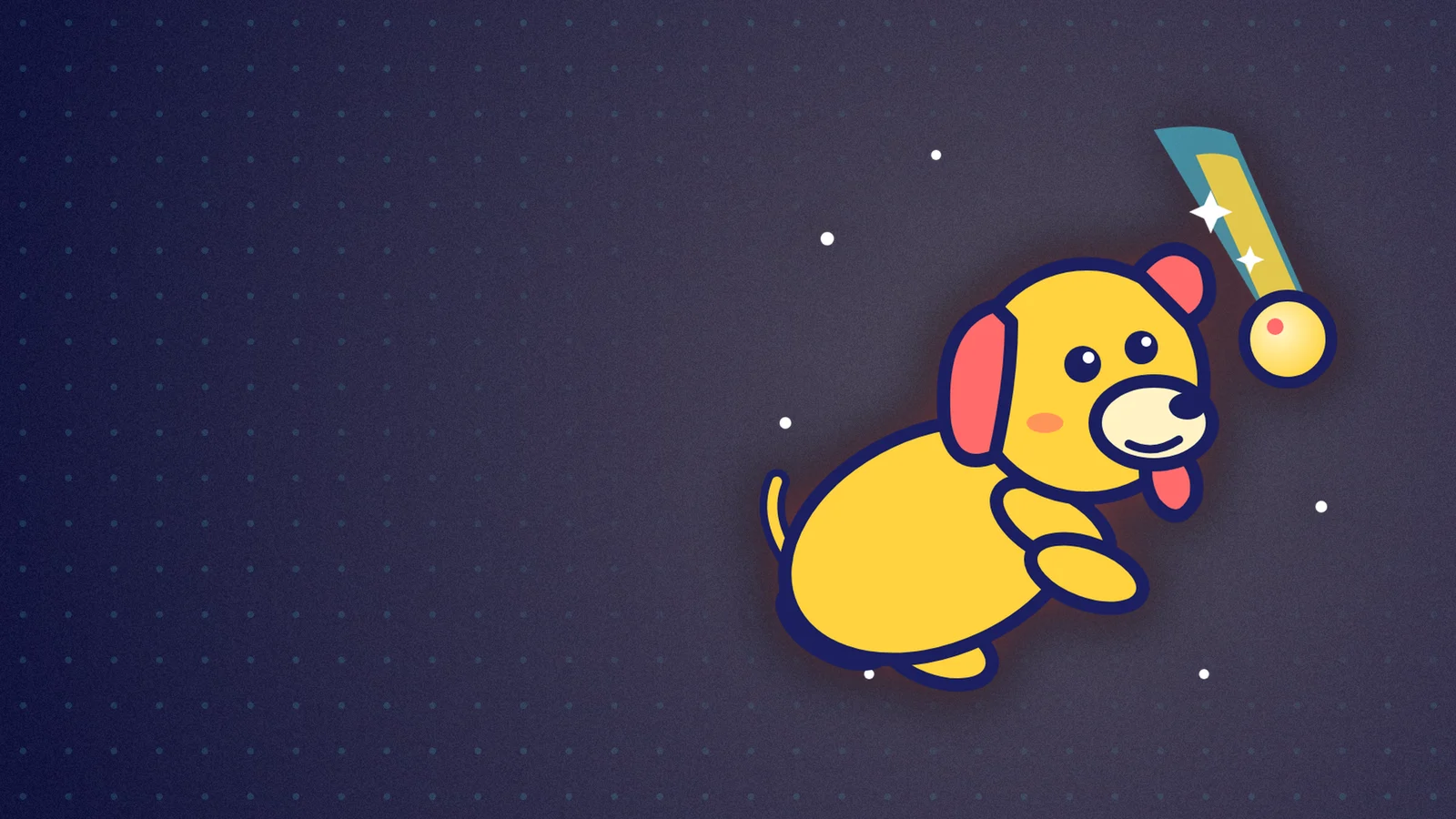 Cartoon yellow puppy with floppy pink ears leaping toward a small glowing yellow meteor with a sparkly tail among stars