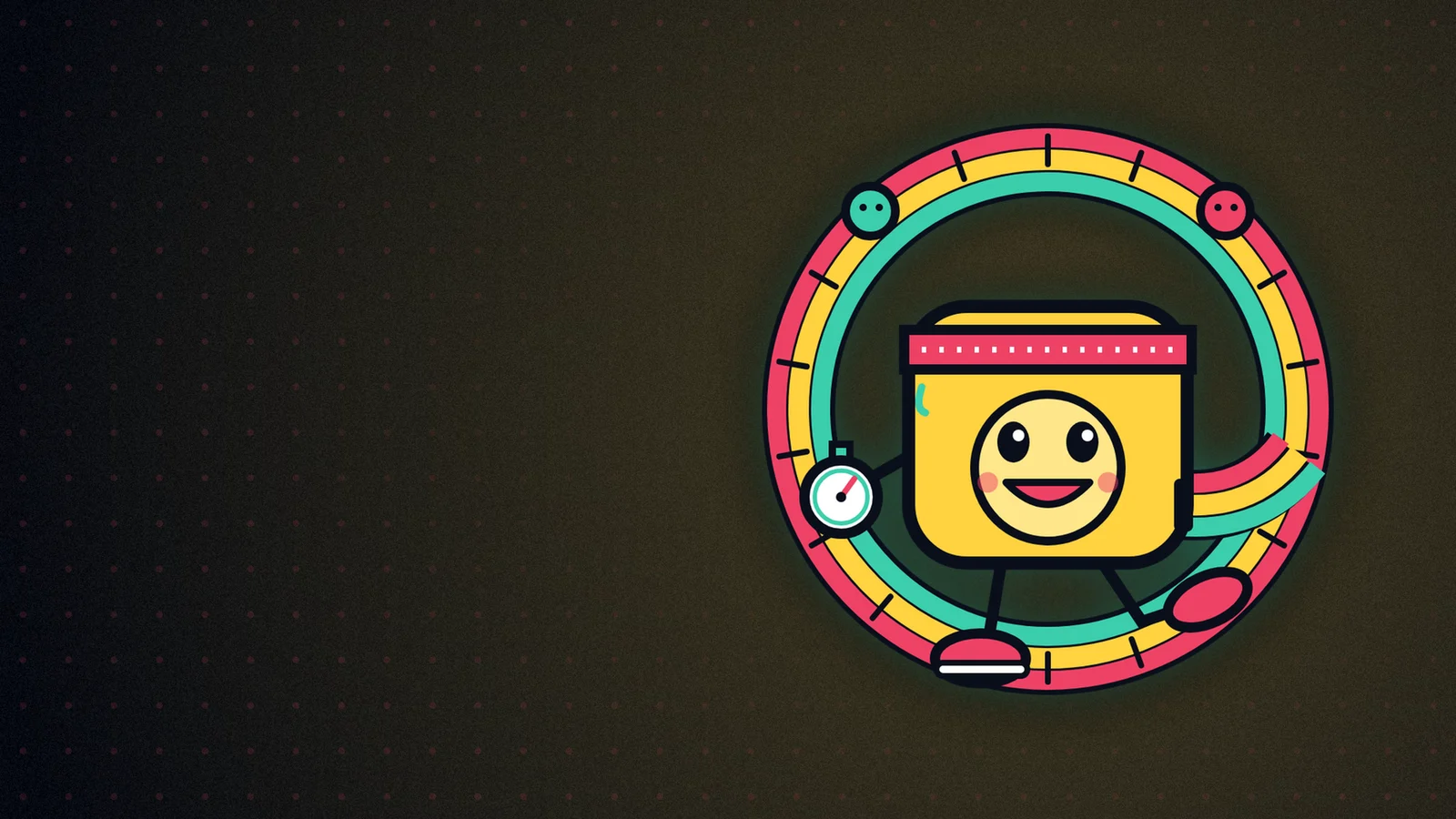 Cartoon yellow tape measure with a face, pink sweatband, sneakers and stopwatch, whose rainbow tape loops into a ticked ring with two small round buddies.