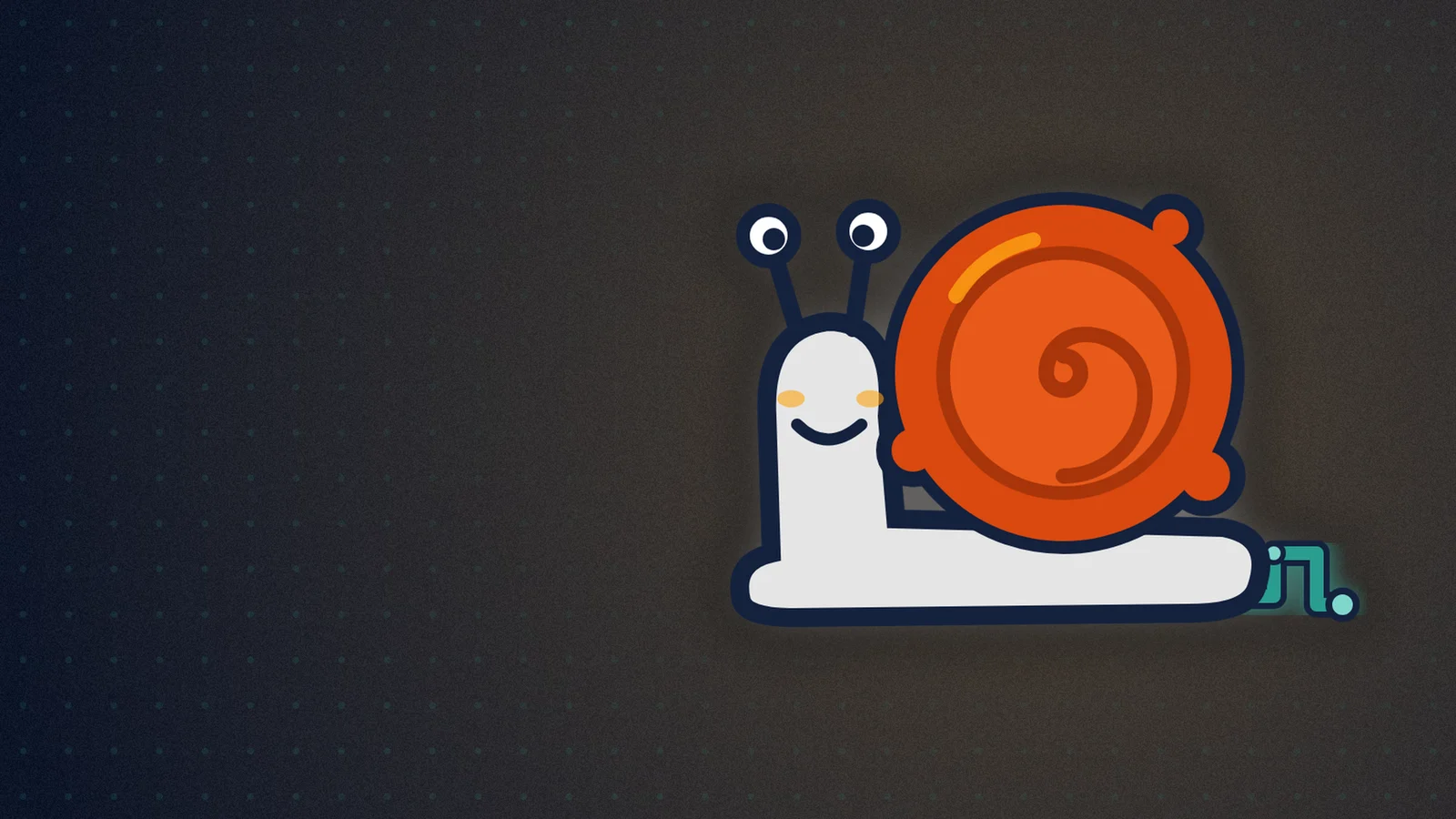 Cartoon snail with a red-orange wax-seal shell, big eye stalks and a smile, trailing a glowing teal circuit-shaped slime line.