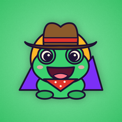 Cartoon green frog with a brown cowboy hat, red bandana and an open-mouth smile, in front of purple mountains and an orange setting sun.